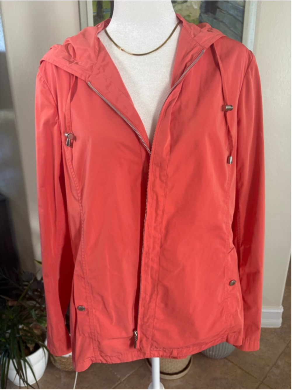 Lafayette 148 New York Coral rain wind breaker hooded Jacket Size L